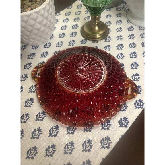 Vintage Art Glass Carved Cheese Or Candy Dish Serving Ruby Red - Picture 5 of 7